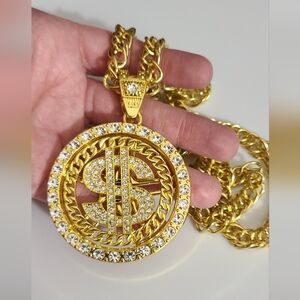 Bling iced out gold plated dollar money spinning necklace chain Halloween costum